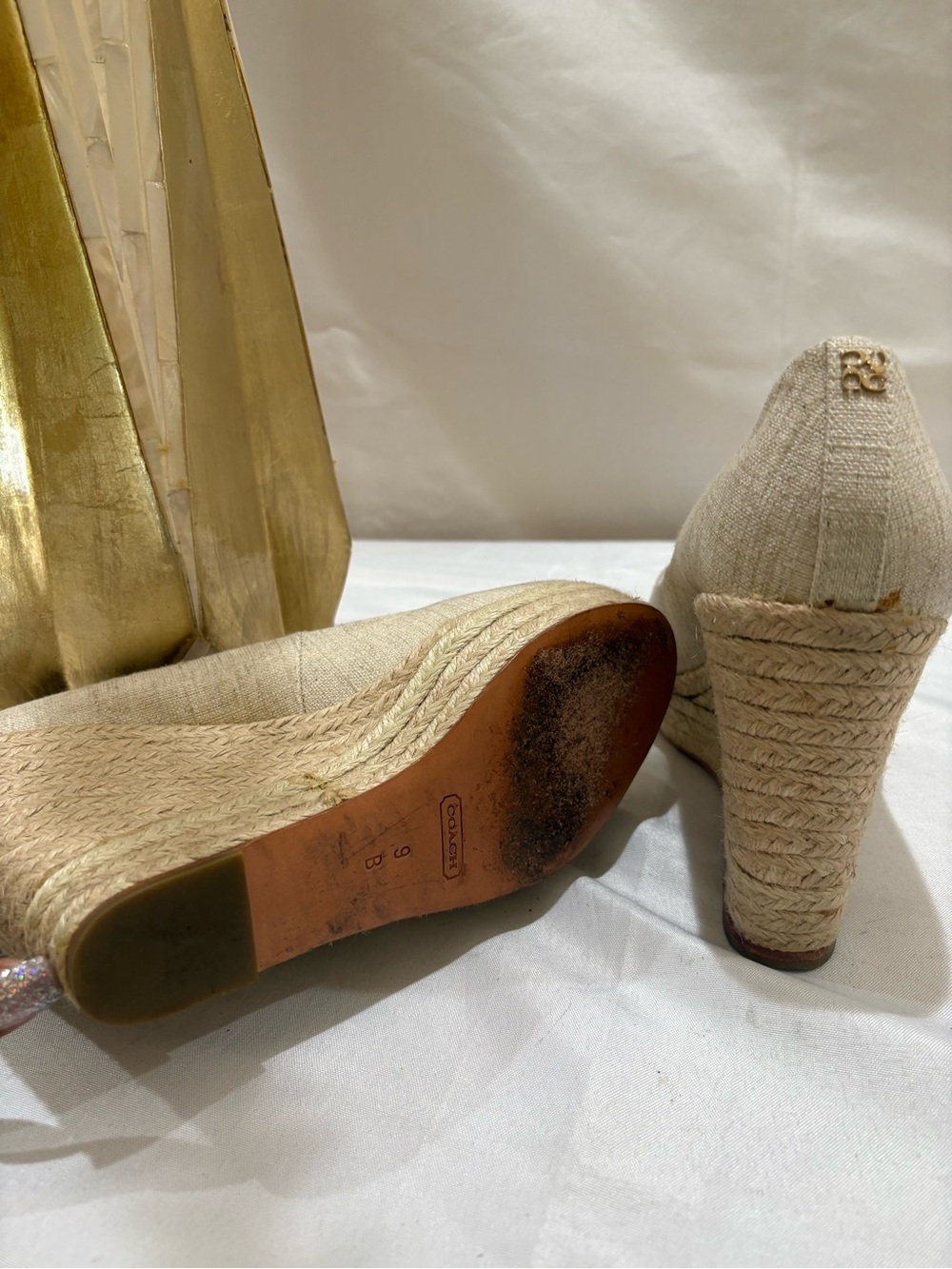 Coach Beige Linen Peep-Toe Espadrille Wedges - Picture 5 of 5